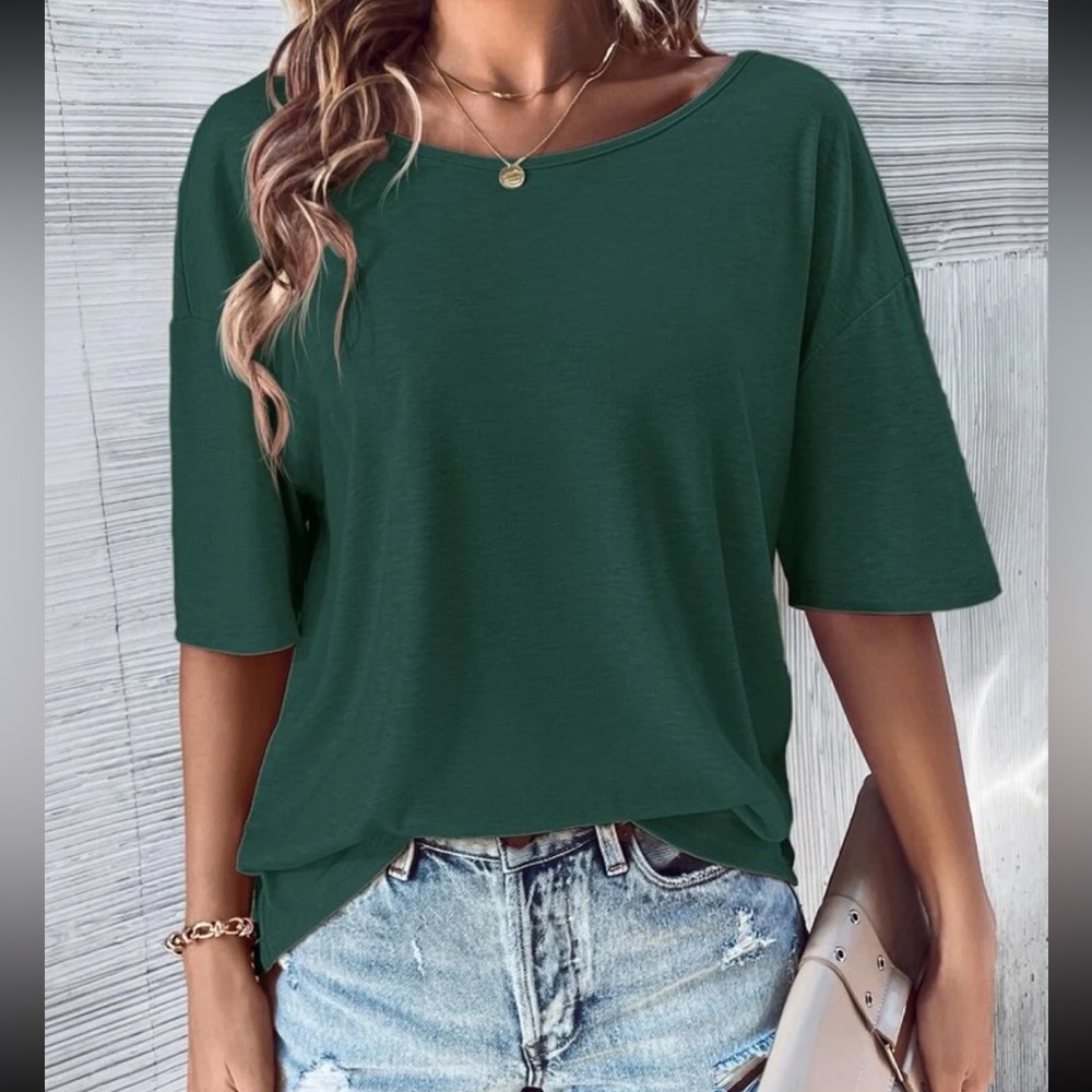 Classic Loose Fit Cut Out Back Batwing Sleeve Tee T Shirt Top Blouse Green - Picture 6 of 6